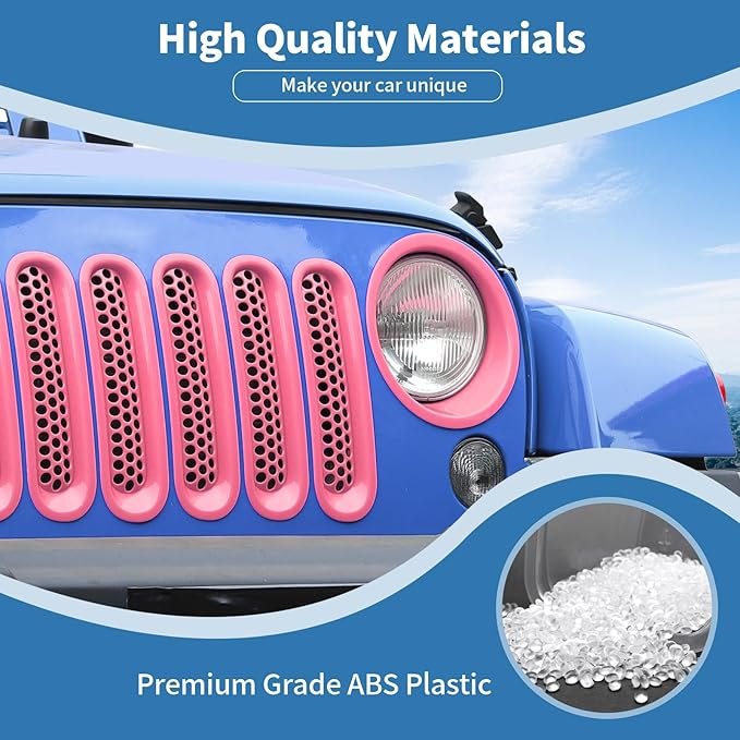 for Jeep JK Front Grille Inserts & Headlight Cover Trim Ring for Jeep Wrangler JK JKU 2007-2017 Pink Exterior Accessories 9pcs