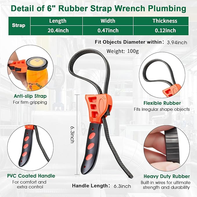 2Piece Wrench Set:12" Aluminum Nylon Strap Wrench&6" Multi-Purpose Rubber Strap Wrench Plumbing,Non-Slip, Non-Marring Grip,Complete DIY Automotive Tool Kit for Oil Filter & Household