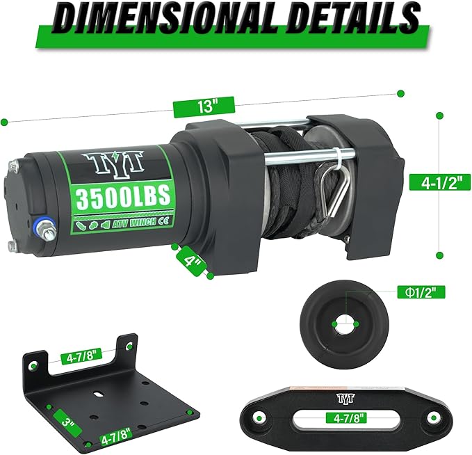 TYT 3500 lb ATV Winch, 12V DC Electric Winch with Wireless Remote and Wired Switch, 7/32"x 30FT Synthetic Winch Rope with Fairlead and Winch Mounting Plate