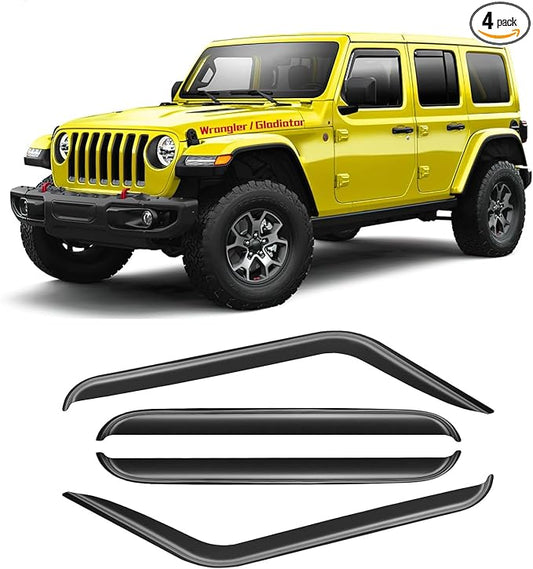 Window Rain Guards for 2018-2025 Jeep Wrangler JL/ 2020-2025 Jeep Gladiator, Window Visor Guard Vent Wind Shade Deflector Rain Shield Protector Sun Visor Durable, Tape-on/Outside-Mount, 4 Pieces