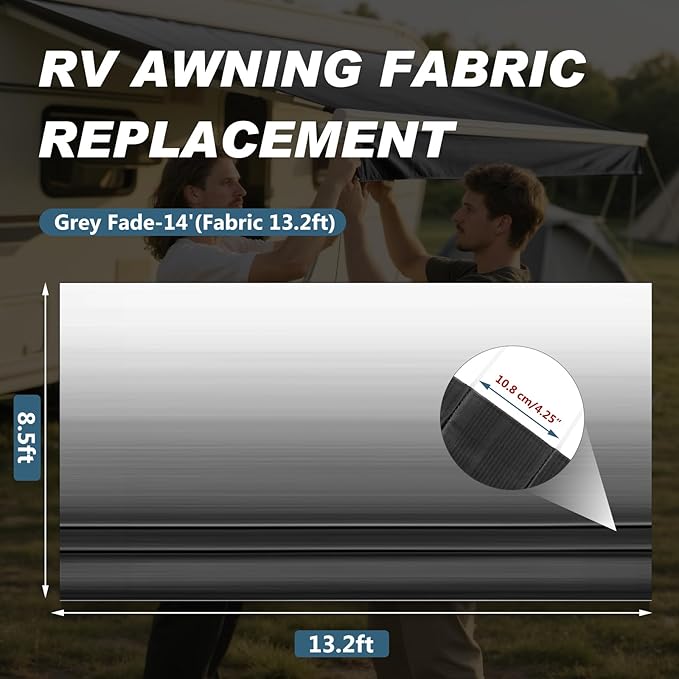 14FT RV Awning Fabric Replacement, Heavy Duty 4-PLY Vinyl Camper Awning, Universal Outdoor Canopy for Camper, Trailer, Motorhome Awnings for All Awning Brands - Black Fade (Fabric 13' 2")