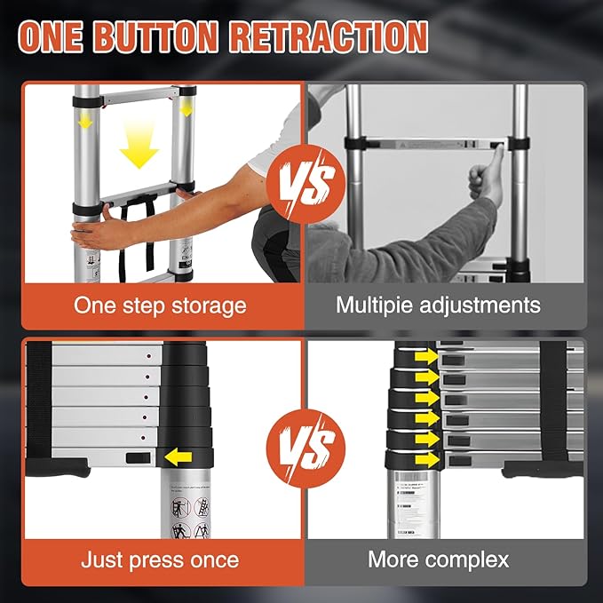 12.5 FT Aluminum Telescoping Ladder, One Button Retraction Extension Ladder, 375 lbs Load Capacity with Non-Slip Wide Feet, Compact Portable for Indoor Outdoor Use, RV, Attic and Roof Use