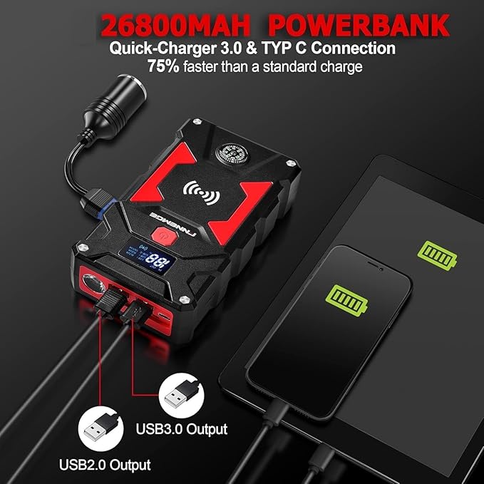 Car Jump Starter, 6000A Peak 26800mAh 12V Car Battery Starter(Up to All Gas, 10.0L Diesel Engine), with USB Quick Charge 3.0,LED Light,12V EC-5 Output.