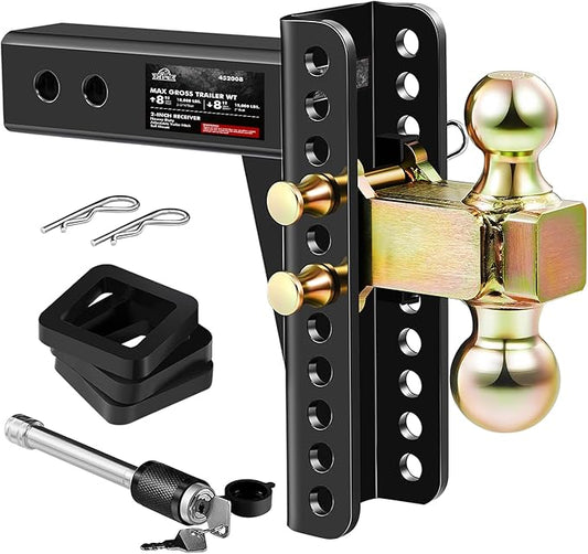 Adjustable Trailer Hitch, Fits 2.0-Inch Receiver, 8-Inch Drop/Rise,2" & 2-5/16" Ball Hitches for Trucks, 18,000 LBS GTW - Receiver Hitch with Anti-Theft Pin, Solid Ball Mount, BLK,X-452008