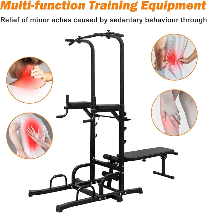 Pull Up Bar Station Adjustable Power Tower for Home Gym Strength Training Dip Stands with Bench