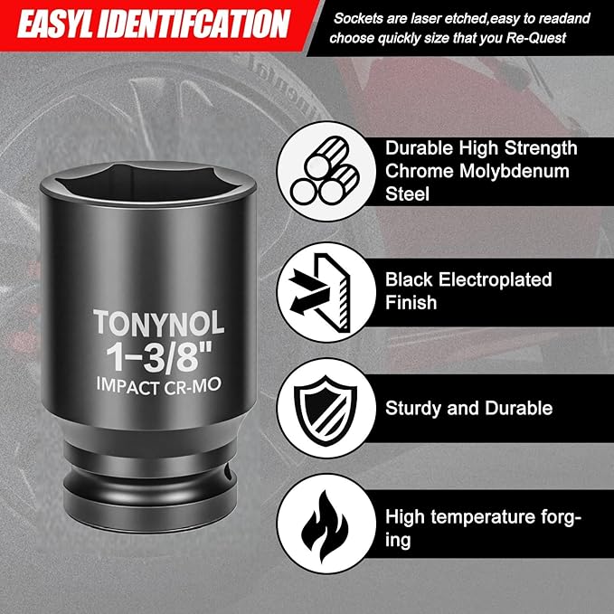 3/4" Inch Drive Deep Impact Socket,6-Point,SAE 1-3/8",80mmL,CR-MO,Heavy-Duty Automotive & Industrial Repair