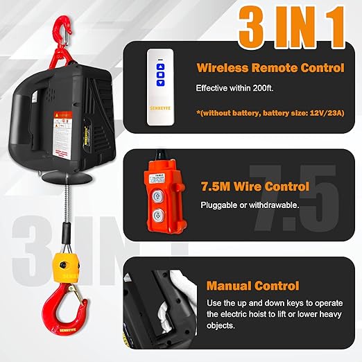 Power Electric Portable Hoist Winch 1540LBS, 3 in 1 Electric Cable Hoist 110V 25 FT with Lifting Strap, Electric Hoist Lift Ceiling Winch for Lifting Towing