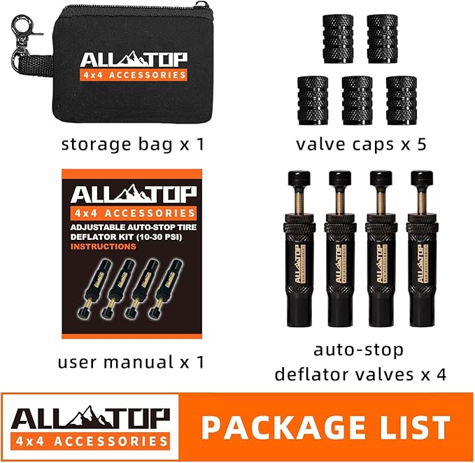 ALL-TOP Adjustable Auto-Stop Tire Deflator Valve Kit (10-30 PSI) 4 PCS Screw-on Tyre Air Down Tool for Offroad 4x4 (with 5 Valve caps)