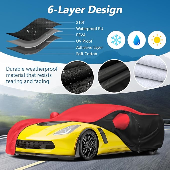 for c7 Corvette Car Cover All Weather Protection Waterproof Windproof for 2014-2019 C7 Stingray, for C7 Chevy Corvette Stingray Z51 Z06(Black&Red Combo)