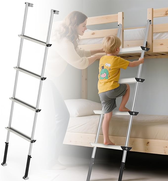 Pre-Assembled RV Bunk Ladder,3 Height Options (59.5"/60.5"/61.5"), Heavy Duty Bunk Bed Ladder with 4 Wider Anti-Slip Steps & Flexible Hooks,for 57.5"-59.4" Bed,Fits RV,Camper,Dorms & Kids Rooms