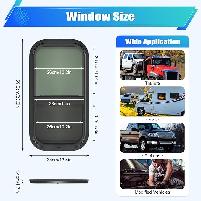RV Window 12" W x22" H Trailer Cargo Camper Vertical Sliding Window Replacement, RV Vertical Sliding Window with Trim Ring, Vertical Sliding Window RV Camper Trailer Window Replacement