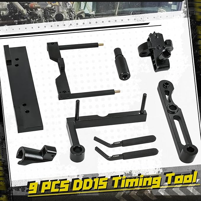 9 PCS DD15 Timing Tool Engine Brake Adjustment Tool Engine Barring Tool TDC Locating Pin Fuel Line Socket Camshaft Timing Tools Idler 3 Cantilever Tool Crankshaft TDC Locating Tool J-48630 J-46392