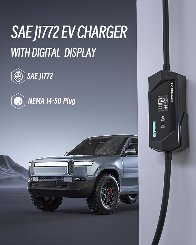 Level 1/2 EV Charger for SAE J1772, 32A 110-240V Portable EV Charger with NEMA 14-50/NEMA 5-15 Plug, 25ft Cable ETL Listed Electric Vehicle Charger for J1772 Electric Cars