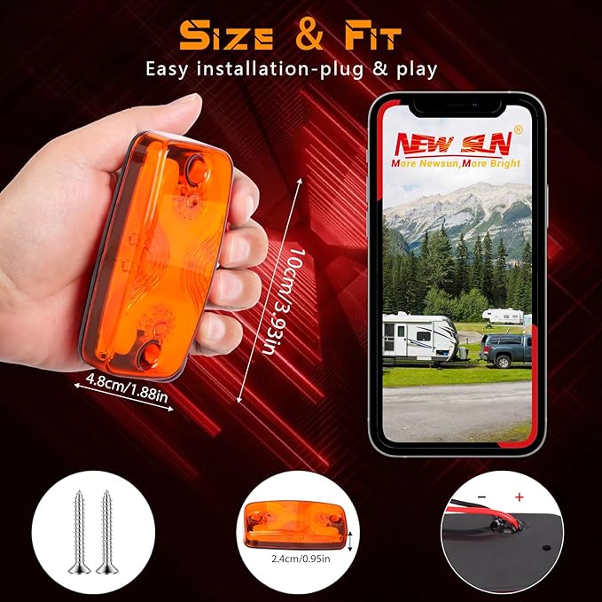 NEW SUN Superior 8Pcs Trailer Top & Side Marker Lights, Waterproof IP 67, Halo Neon Design for Turn, Stop, Tail Lamps for Truck, Camper, RV, Van,Bus, 16 Super Bright LEDs, 4"x2" Lens Ultrawide Angle