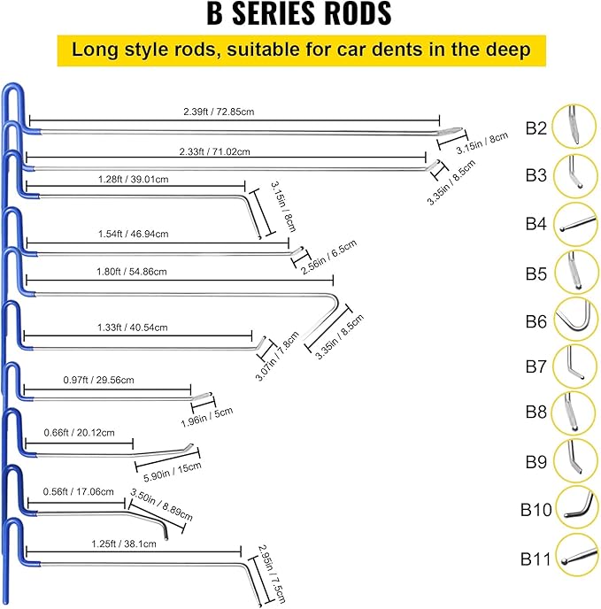 VEVOR Rods Dent Removal Kit, 21 Pcs Paintless Dent Repair Rods, Stainless Steel Dent Rods, Whale Tail Dent Repair Tools, Professional Hail Dent Removal Tool For Minor Dents, Door Dings And Hail Damage