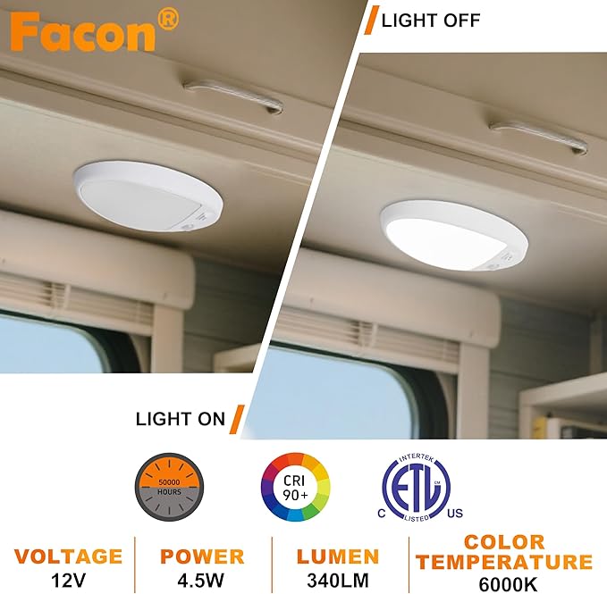 Facon 2Pack 12V DC RV Interior Light with PIR Motion Sensor & 3-Way Switch - Small Oval Pancake Ceiling Dome Light, 6000K Daylight White, ETL Listed for RV, Motorhome, Camper, Boat