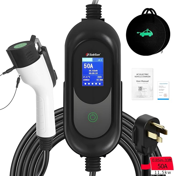 SubSun Universal Portable Level 2 EV Charger 50Amp 240V Electric Car Charger for All North American EVs Includes J1772, 33FT EV Charging Cable
