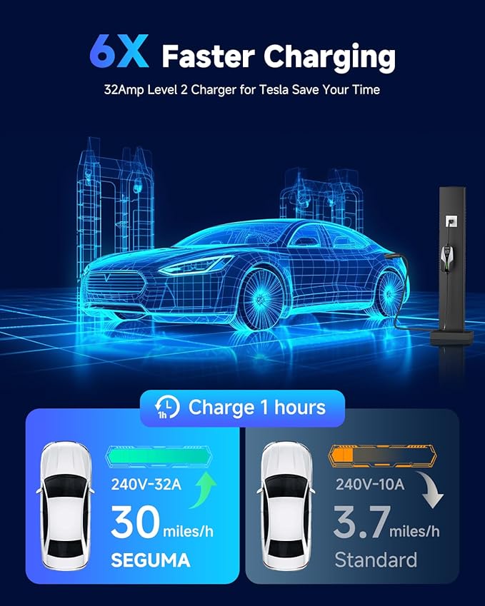 Level 2 EV Charger for Tesla, 32Amp 240V 7.68kW NACS EV Chargers, NEMA 14-50 Plug, Adjustable Current, 25FT Portable Electric Car Charger Compatible with All Nacs (Silver)