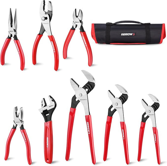 ARROW 8PCS Pliers & Wrench Set, 6" Needle Nose Pliers, 6" Diagonal, 7" Linesman, 8" Slip Joint, 8" & 10" & 12" Groove Joint and CRV 8" Adjustable Wrench, Portable Rolling Bag With Handle
