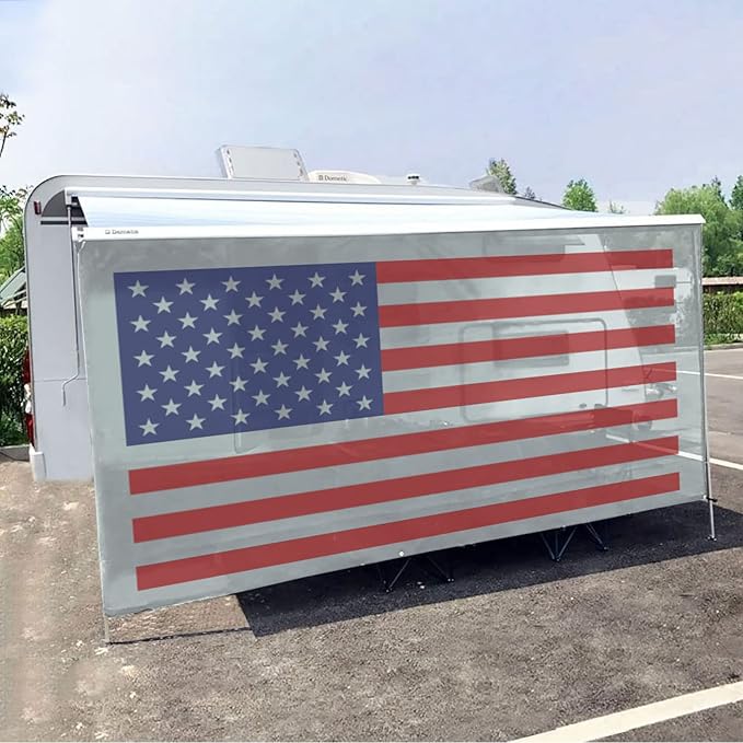 Tentproinc RV Awning Sun Shade Screen 7' X 11' 3'' (American Flag) Gray Mesh Sunshade Camper Trailer Awning Shade Screen UV Blocker Completed Kits