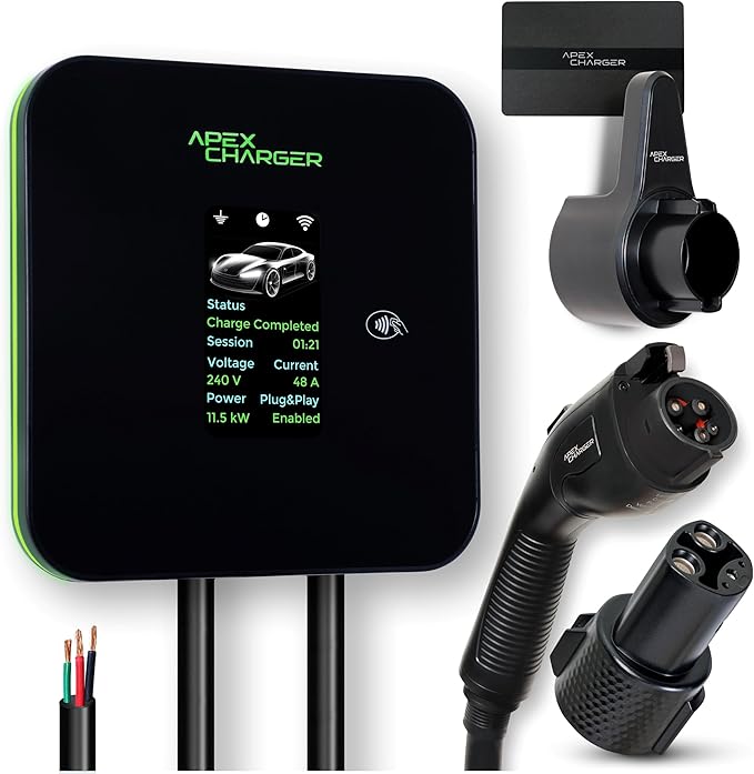 MACH 2:Fast Hardwired Level 2 EV Charger J1772 car Connector, 48 amp Garage-pro Wall-Mount EVSE - Electric Vehicle Charging Station. Accessories: 30ft Cable & Tesla NACS Portable Adapter Extension