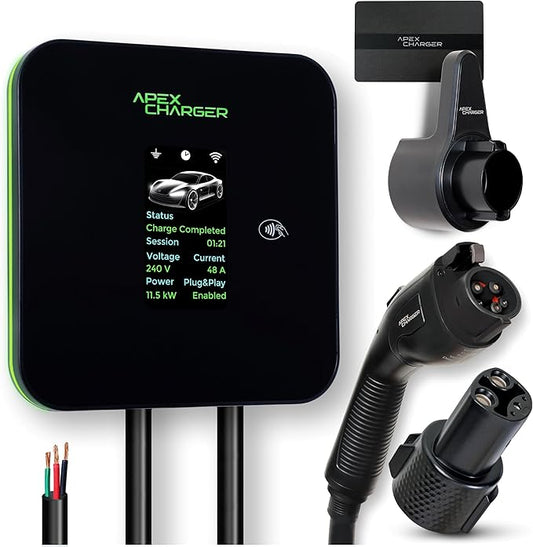 MACH 2:Fast Hardwired Level 2 EV Charger J1772 car Connector, 48 amp Garage-pro Wall-Mount EVSE - Electric Vehicle Charging Station. Accessories: 30ft Cable & Tesla NACS Portable Adapter Extension
