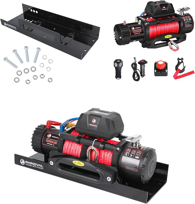 13000lb Winch and Mount Plate Bundle: Synthetic Rope, Wireless Remote, Raised Bolt Pattern Mounting Plate