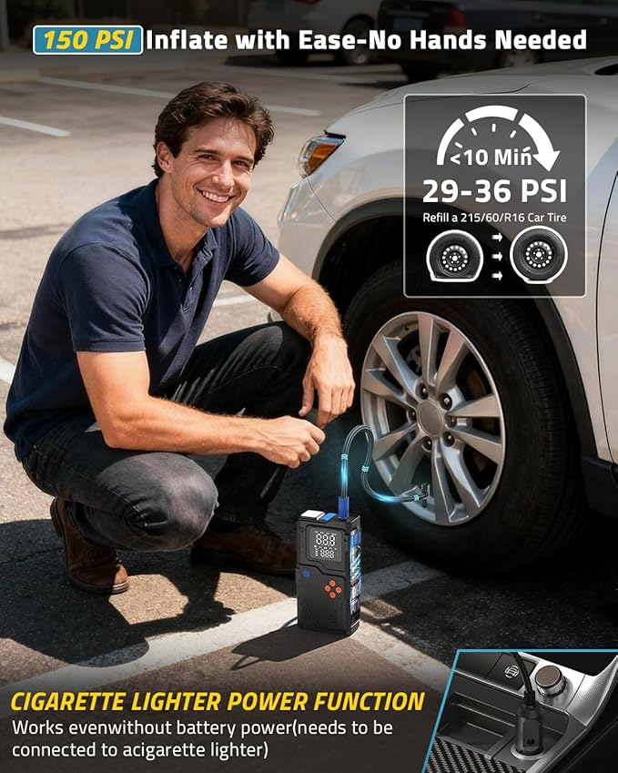 PAULINN Jump Starter with Air Compressor, 150PSI 6000A Car Jumper Starter Portable(All Gas/10L Diesel) with Tire Inflator, 12V Charger Booster