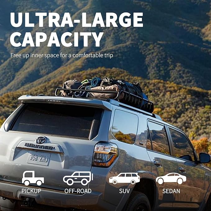 Roof Rack Basket 51″ X 36″ X 5″ Universal Rooftop Cargo Basket, 250LB Heavy Duty Cargo Basket Car Roof Basket for SUV, Truck, Cargo Net with Attachment Hooks, 2pcs Ratchet Straps