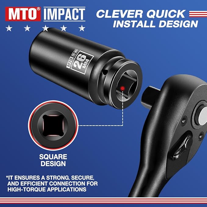 MTO 1/2" Drive 26mm Deep Impact Socket, 6 Pt. Metric Socket, CR-MO Steel & Anti-Corrosion Coating for Heavy-Duty Use
