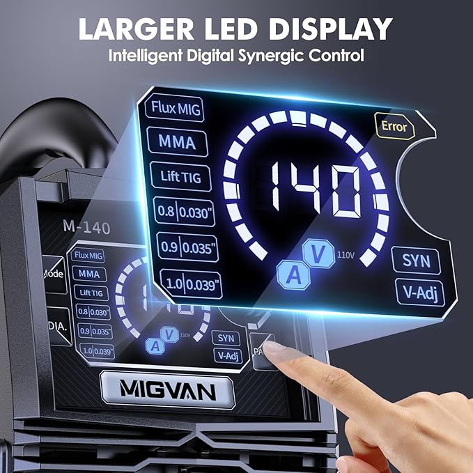 140A MIG Welder, MIGVAN 110V Flux Core MIG/Stick/Lift TIG 3 in 1 Welding Machine with Large LED Digital Display, IGBT Inverter Portable Gasless Welder with Welding Gun and Flux Core Wire