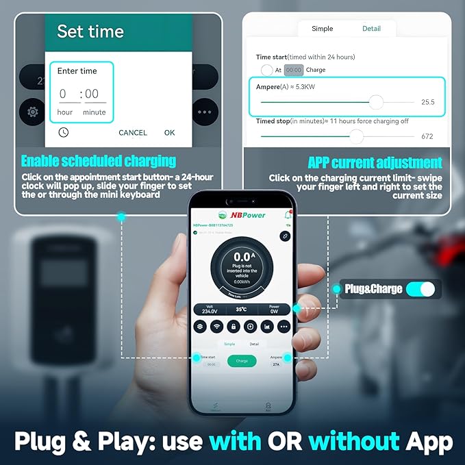 Level 2 EV Charger 48Amp, 16.5ft Cable, EVSE w/ J1772 Connector, NEMA 14-50 Plug, WiFi Enabled, Smart Display, RFID Card Electric Car Charger