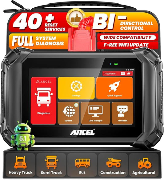 ANCEL V5 HD PRO Heavy Duty Truck Scanner, New Bi-Directional Control Diesel Full System Diagnostic Tool with 40+ Resets, ABS SRS D-P-F Regen, Lifetime Free Updates for Semi Trucks Commercial Vehicles