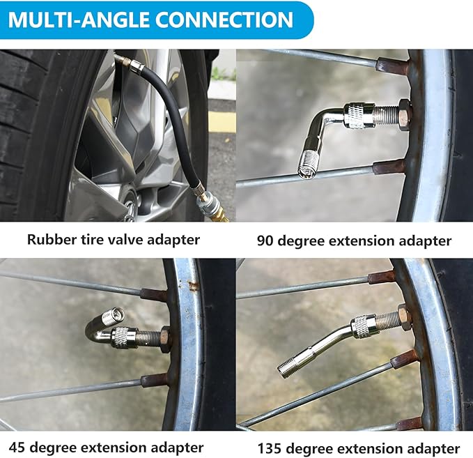 Valve Stem Extension, 2PCS 12 Inches Dually Valve Stem Extenders 6 PCS 45 90 135 Degree Brass Valve Stem Extension Adaptor for Car Truck Motorhome Trailer RV