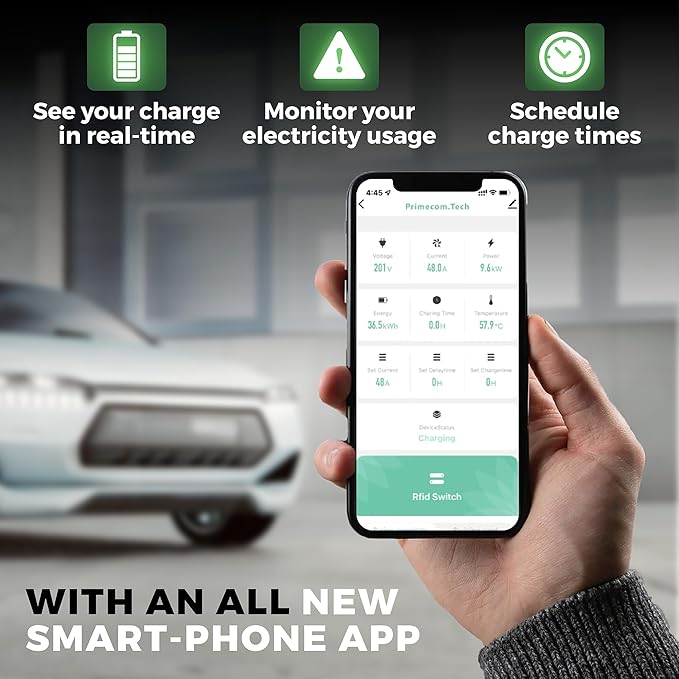 50 Amp - PRIMECOM.TECH Level-2 Smart Electric Vehicle Home Charging Station 220 Volt for Tesla and All EV Brands 30' Feet Length (25 Feet, NEMA 14-50p)