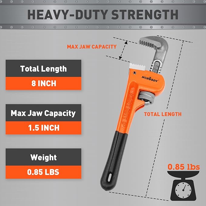 HORUSDY 8-Inch Heavy Duty Straight Pipe Wrench, Quick-Adjust Sturdy Plumbers Wrench with Soft Grip Handle, Straight Jaw Plumbing Tool for Pipe, Household Use, Vehicle Repair