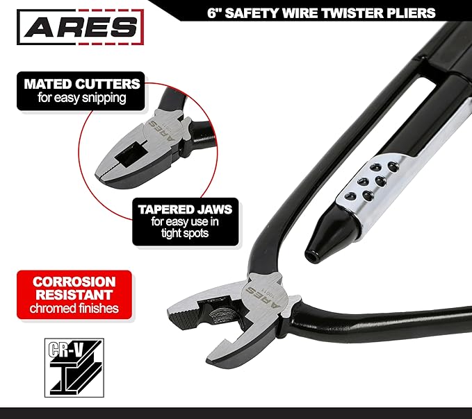 ARES 10011-6-Inch Safety Wire Twister Pliers – Durable Untwist Tool Grips, Twists, and Cuts Stainless Steel Safety Wire on Vehicles, Machinery, and Aircraft