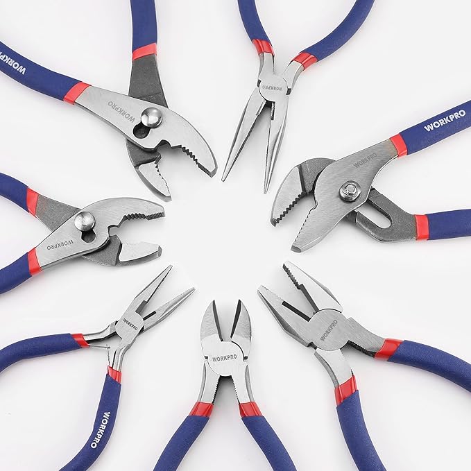 7-piece WORKPRO Pliers Set with Groove Joint, Long Nose, Slip Joint, Linesman, and Diagonal Pliers for DIY & Home Use