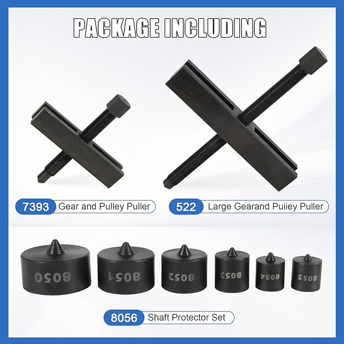 522 7393 8056 Puller and Protector Tools 522 Large Gear and Pulley Puller & 7393 Gear and Pulley Puller & 8056 Shaft Protector Set for Timing Gears, Fan Pulleys