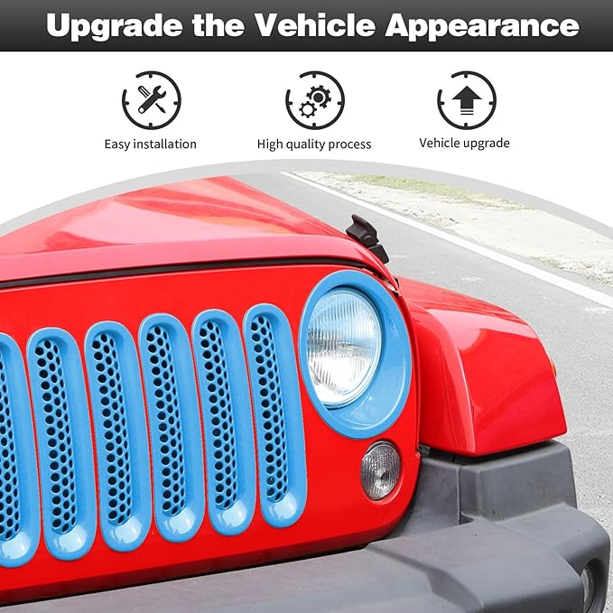 CheroCar for JK Mesh Grille Grill Insert & Headlight Cover Trim Exterior Accessories for Jeep Wrangler JK 2007-2018,Light Blue…