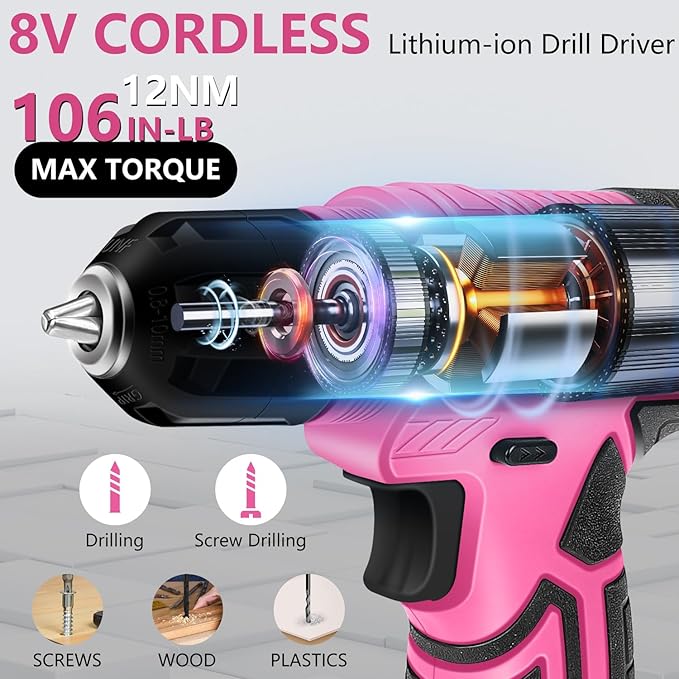 Tool Set：Pink Tool Kit with 8V Cordless Drill, Tool Box with Drill, Hand Drill Set for Men & Women, Home Tool Kits for House Repair, Handyman, DIY 127 Piece