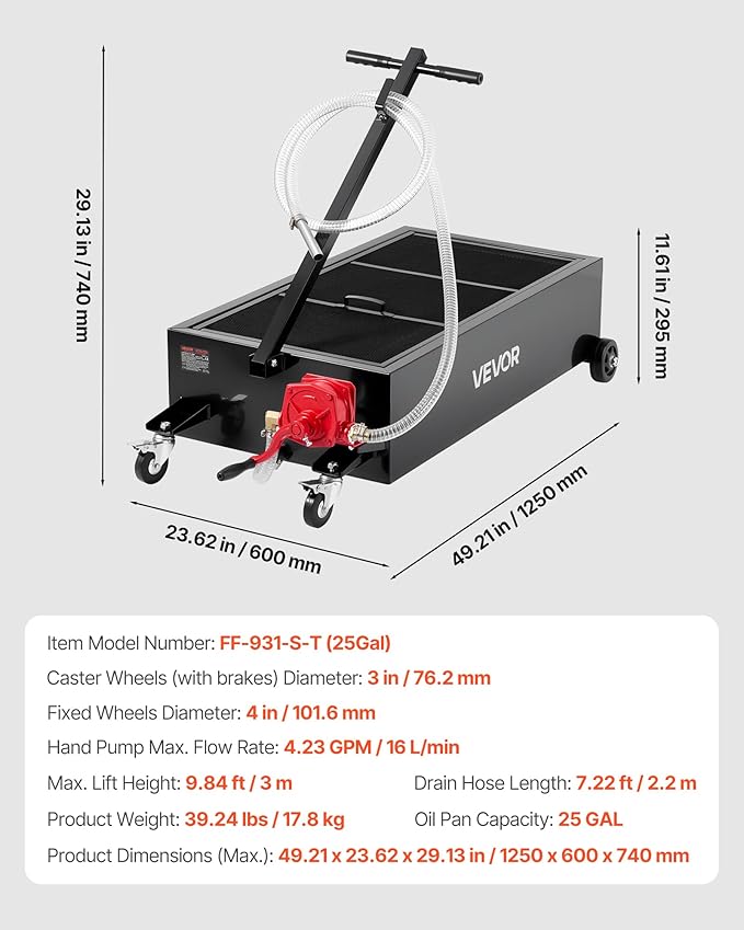 VEVOR Low Profile Oil Drain Pan, 25 Gallon Capacity, Rolling Oil Drain Pan with Manual Pump, 7.2 ft Hose & T Folding Handle, Leak-Proof & Corrosion-Resistant, Fit for Cars, SUVs, Trucks, ATVs, Black