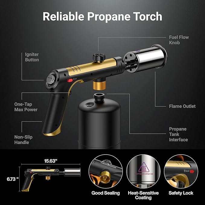 ThermoMaven Propane Torch with One-Touch Max Fire, Cooking Blow Torch Gun with a Safety Lock, Charcoal Lighter, Flame Thrower, Kitchen Food Torch Head for Grill, Sous Vide, BBQ, Gold