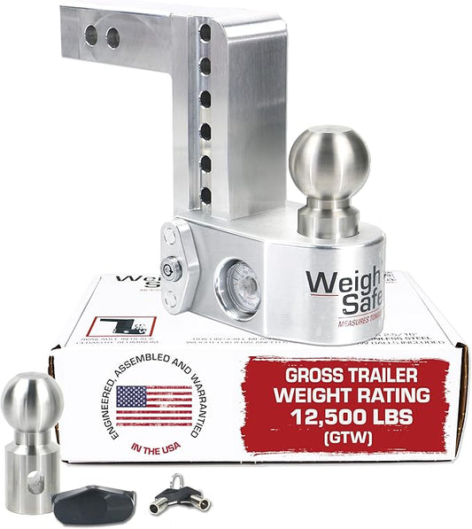 Weigh Safe Aluminum Adjustable Trailer Hitch - Towing Hitch with Built-In Tongue Weight Scale - Compatible with 2" Receivers - 6" Drop, Stainless Steel Tow Balls, 12,500 GTW, 1-Piece Lock Set