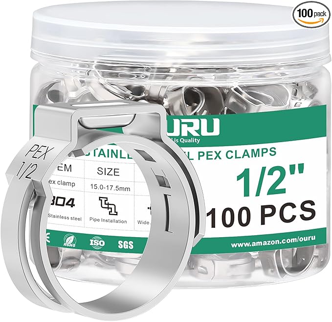 100PCS 1/2 Pex Crimp Ring,304 Stainless Steel Pex Cinch Clamps,Single Ear Hose Clamps for Pex Fittings Pipe Tubing