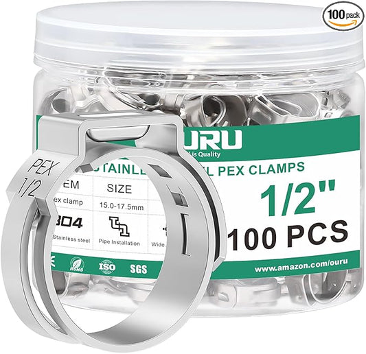 100PCS 1/2 Pex Crimp Ring,304 Stainless Steel Pex Cinch Clamps,Single Ear Hose Clamps for Pex Fittings Pipe Tubing