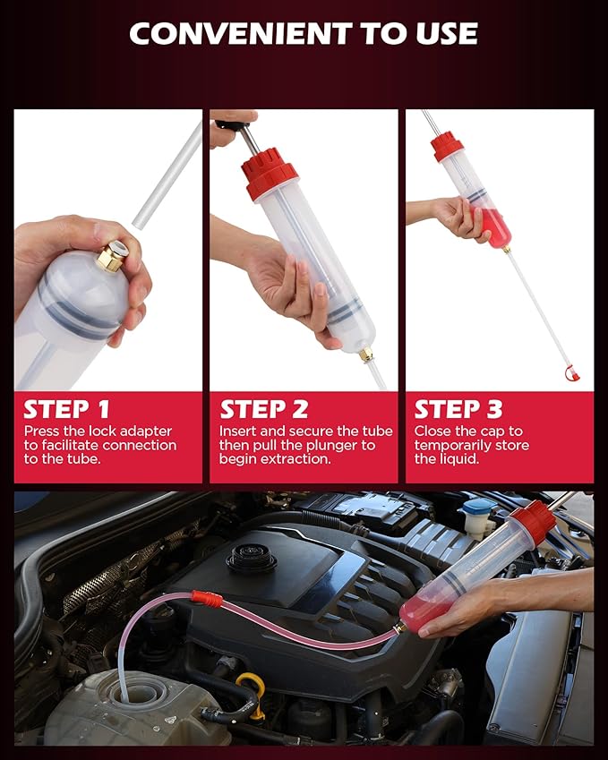 200CC Automotive Fluid Extractor Syringe Pump with Long Hose and Extension Tubes, Oil Extractor Fluid Pump Oil Evacuator and Dispenser Pump for Engine Oil, ATF, Coolant, Brake & Power Steering Fluids