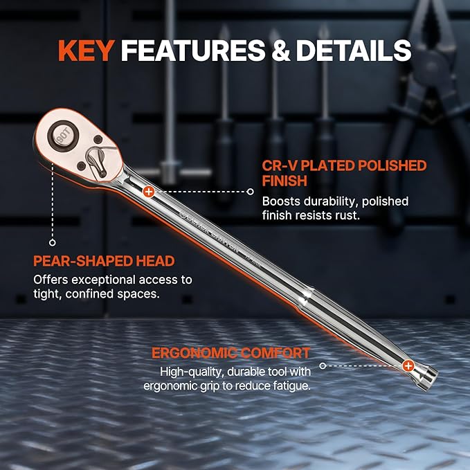 NORTHSKY 1/2" Drive Ratchet, 90-Tooth Gear, 4° Swing Arc, 10-1/2" Length, Polished Finish, Alloy Steel, Reverse Switch, Offers efficiency in Tightening or Loosening Fasteners in Confined Spaces