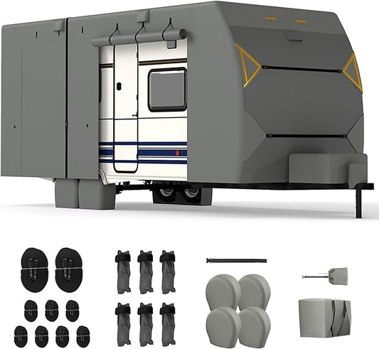 RV Covers for Travel Trailers, 30-33ft Heavy Duty Camper Cover, 7 Layers Extra-Thick Waterproof Toy Hauler Cover with 4 Tire Covers, Jack Cover and Wind Straps
