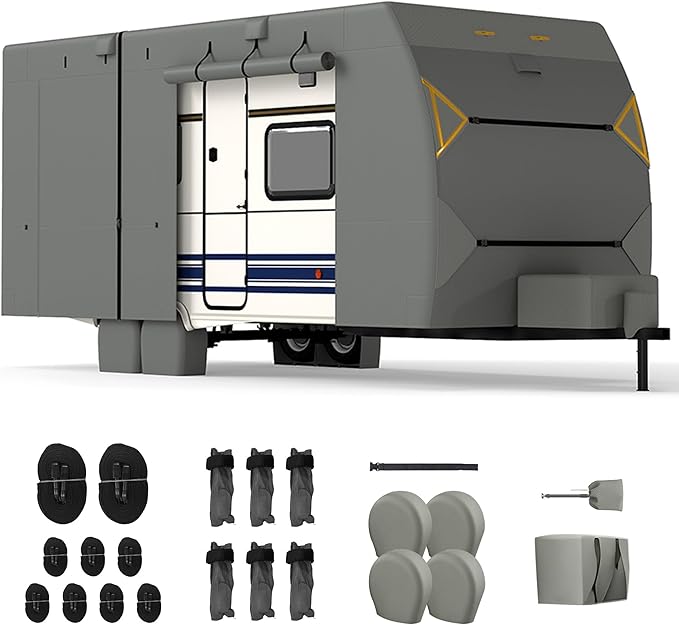 RV Covers for Travel Trailers, 18-20ft Heavy Duty Camper Cover, 7 Layers Extra-Thick Waterproof Toy Hauler Cover with 4 Tire Covers, Jack Cover and Wind Straps